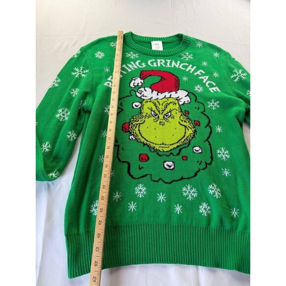 Ugly Christmas Resting Grinch Face Sweater Green Crew Neck Large Holiday - Picture 3 of 5